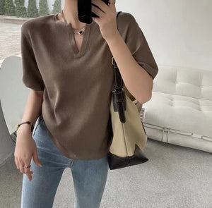 Notch Neck Oversize Solid Knitted Top