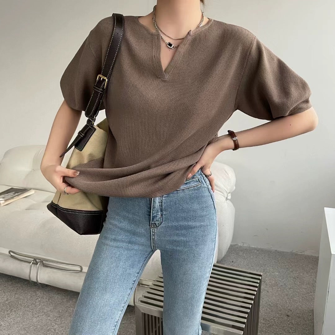 Notch Neck Oversize Solid Knitted Top