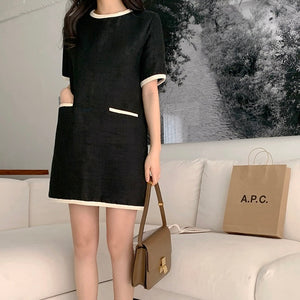 Waffle Pattern Color Contrast Dress w/ Side Working Pockets