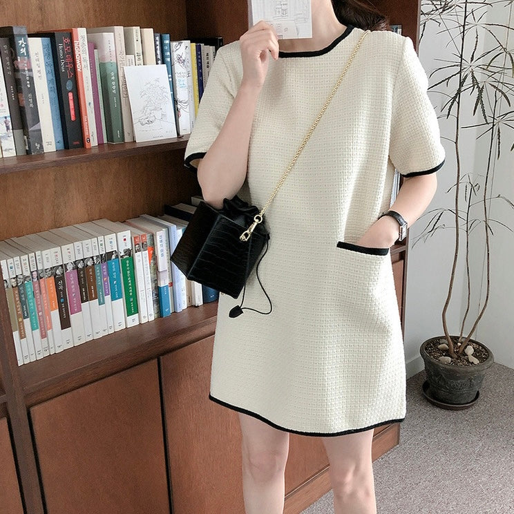 Waffle Pattern Color Contrast Dress w/ Side Working Pockets