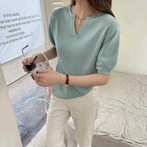 Notch Neck Oversize Solid Knitted Top