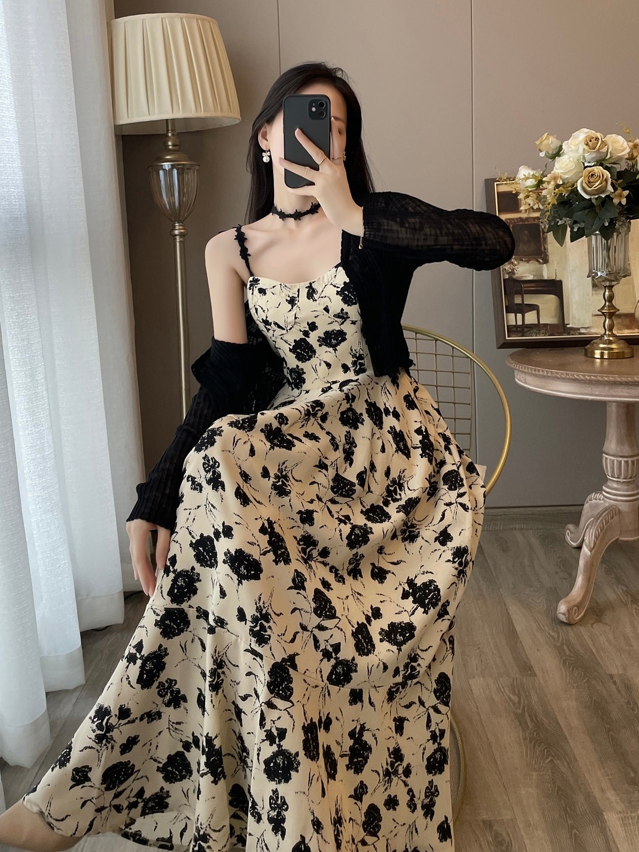 Shirred Back Embroidery Shoulder Strap Vintage Floral Cami Dress