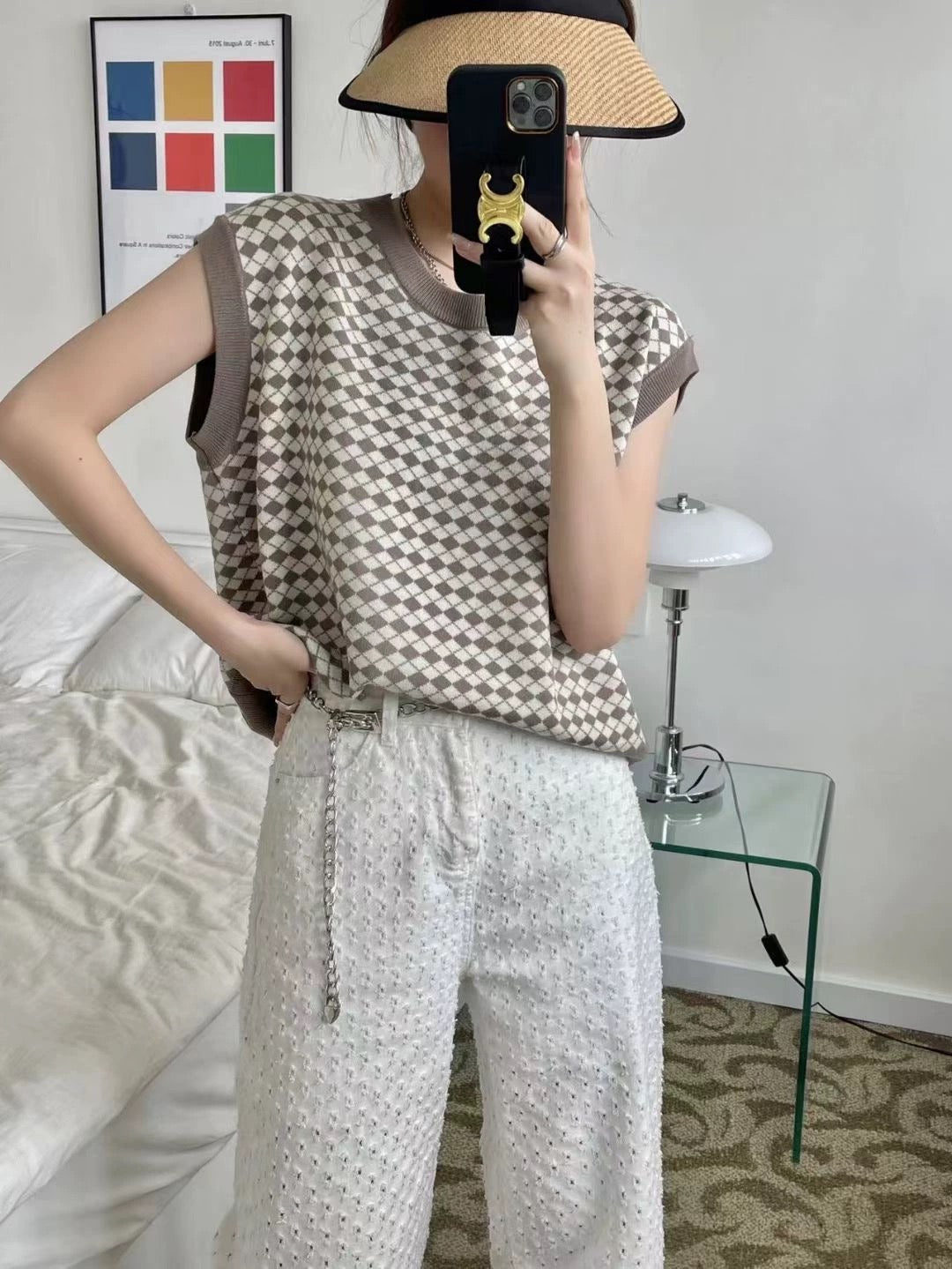 Geometric Pattern Color Contrasted Oversize Knitted Top