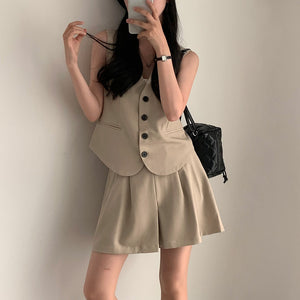 Button Down Fake Pocket Belted Back Vest Top & Back Garter Side Pocket Shorts Terno Set Coords