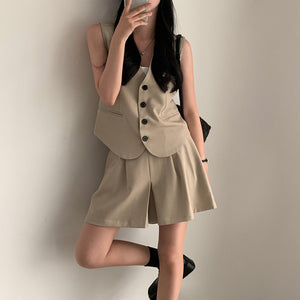 Button Down Fake Pocket Belted Back Vest Top & Back Garter Side Pocket Shorts Terno Set Coords