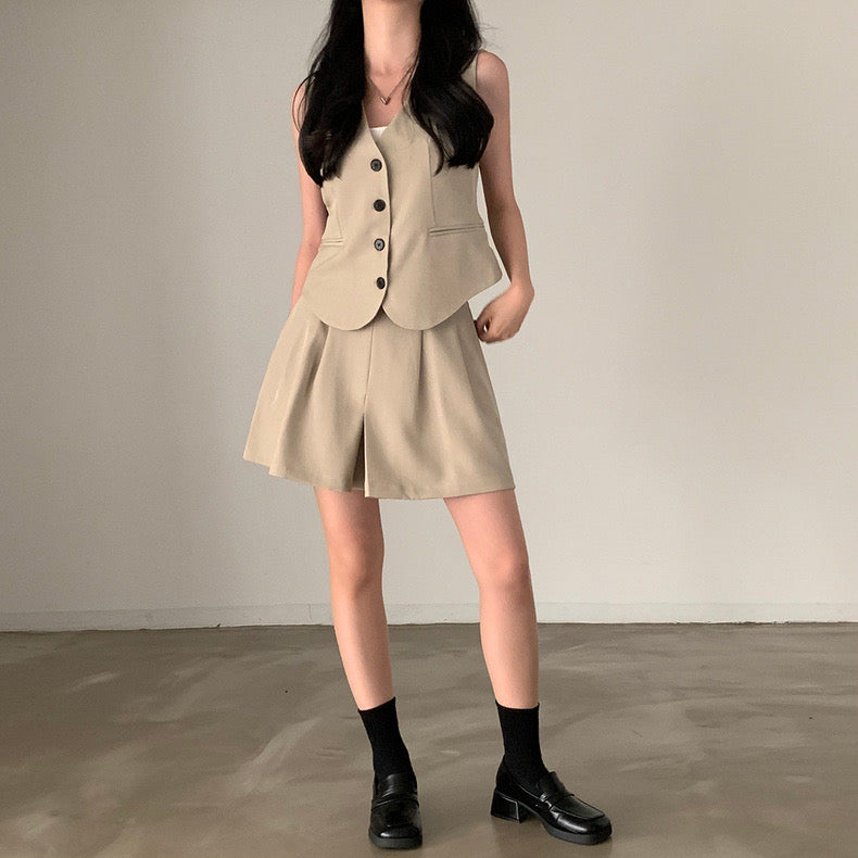 Button Down Fake Pocket Belted Back Vest Top & Back Garter Side Pocket Shorts Terno Set Coords