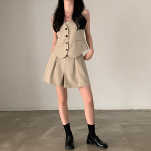 Button Down Fake Pocket Belted Back Vest Top & Back Garter Side Pocket Shorts Terno Set Coords