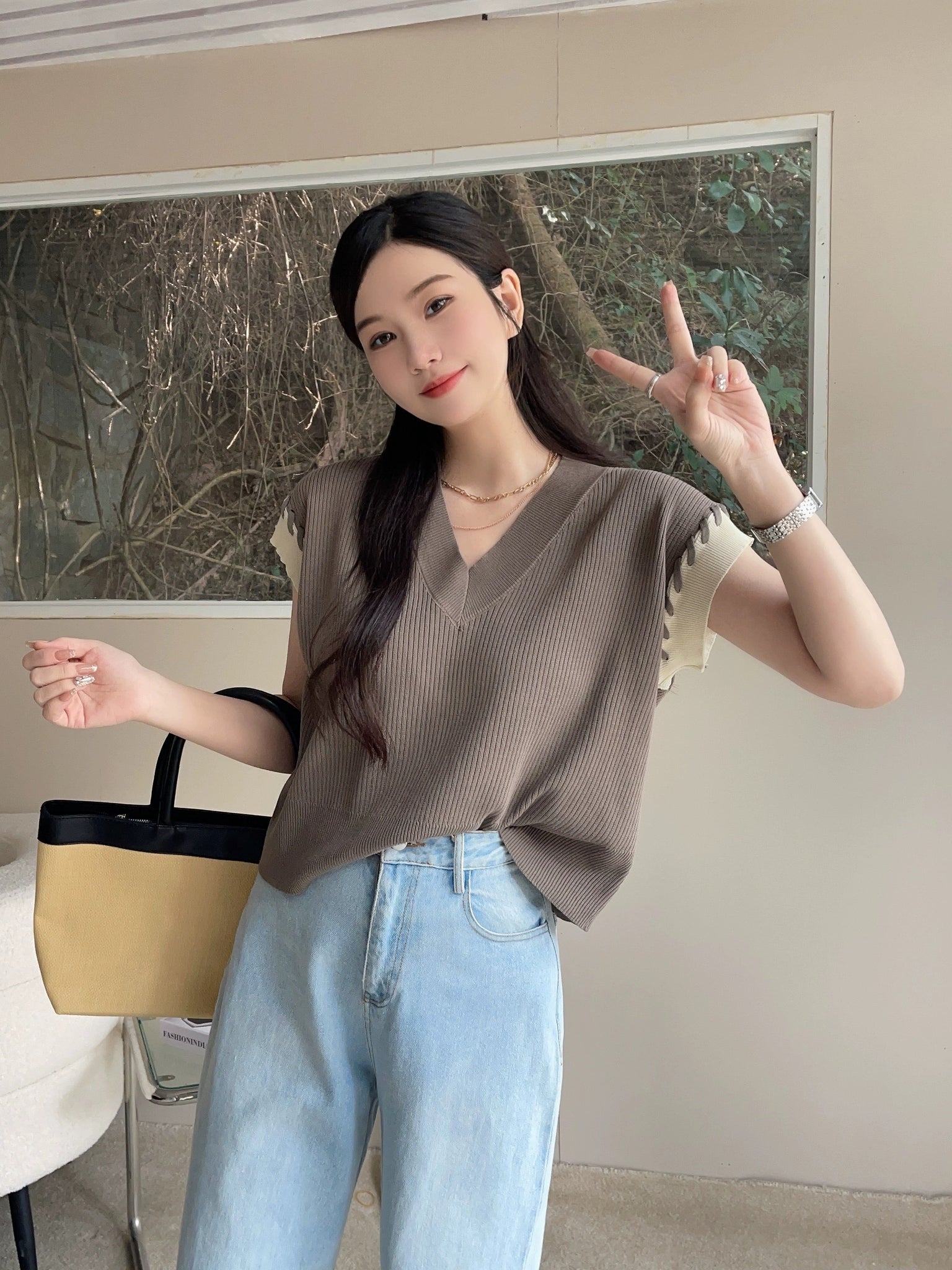 Braided 2 Tone Sleeve V-neck Oversize Knitted Top