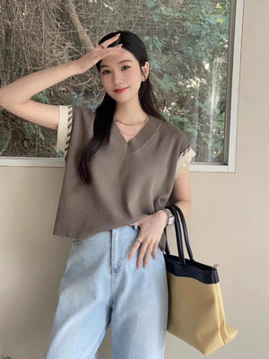 Braided 2 Tone Sleeve V-neck Oversize Knitted Top