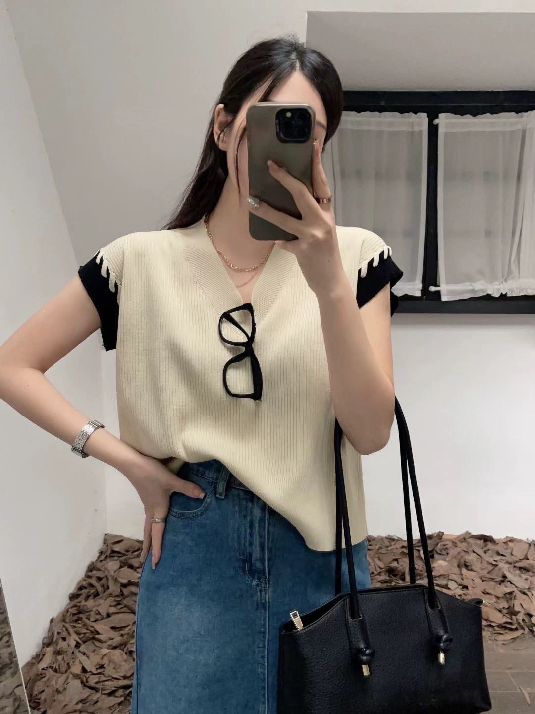 Braided 2 Tone Sleeve V-neck Oversize Knitted Top