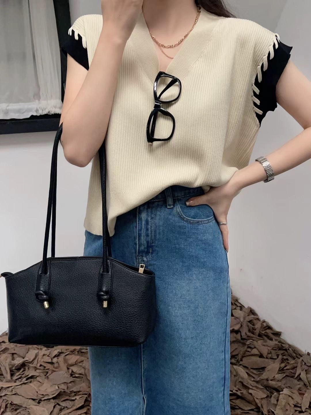 Braided 2 Tone Sleeve V-neck Oversize Knitted Top