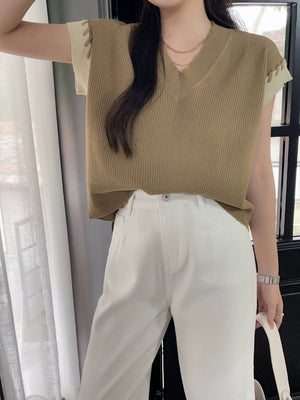 Braided 2 Tone Sleeve V-neck Oversize Knitted Top