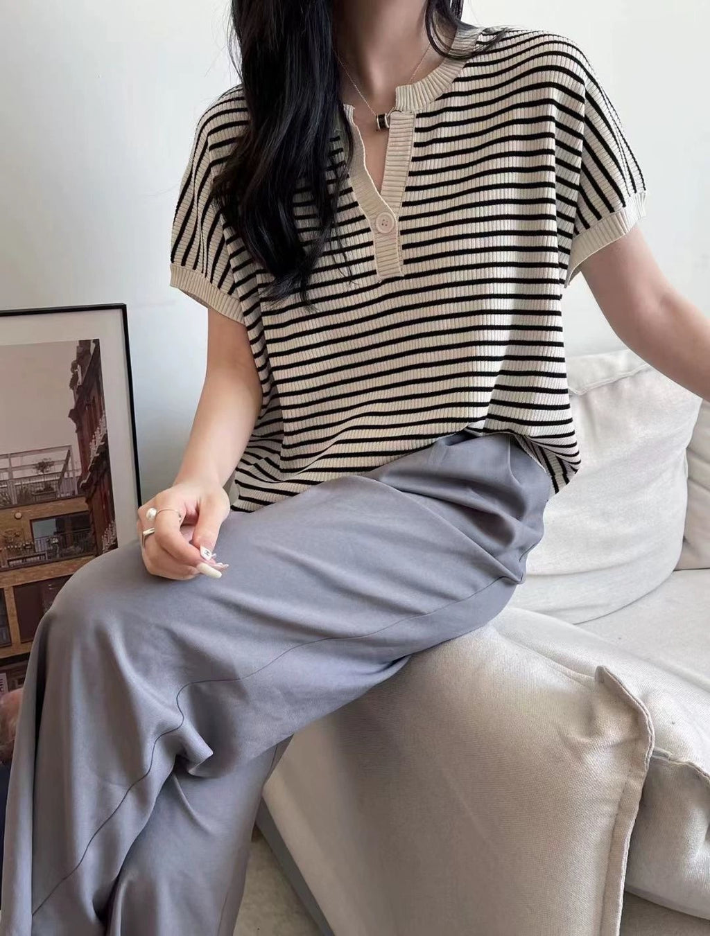 Single Button Stripe Oversize Knitted Top