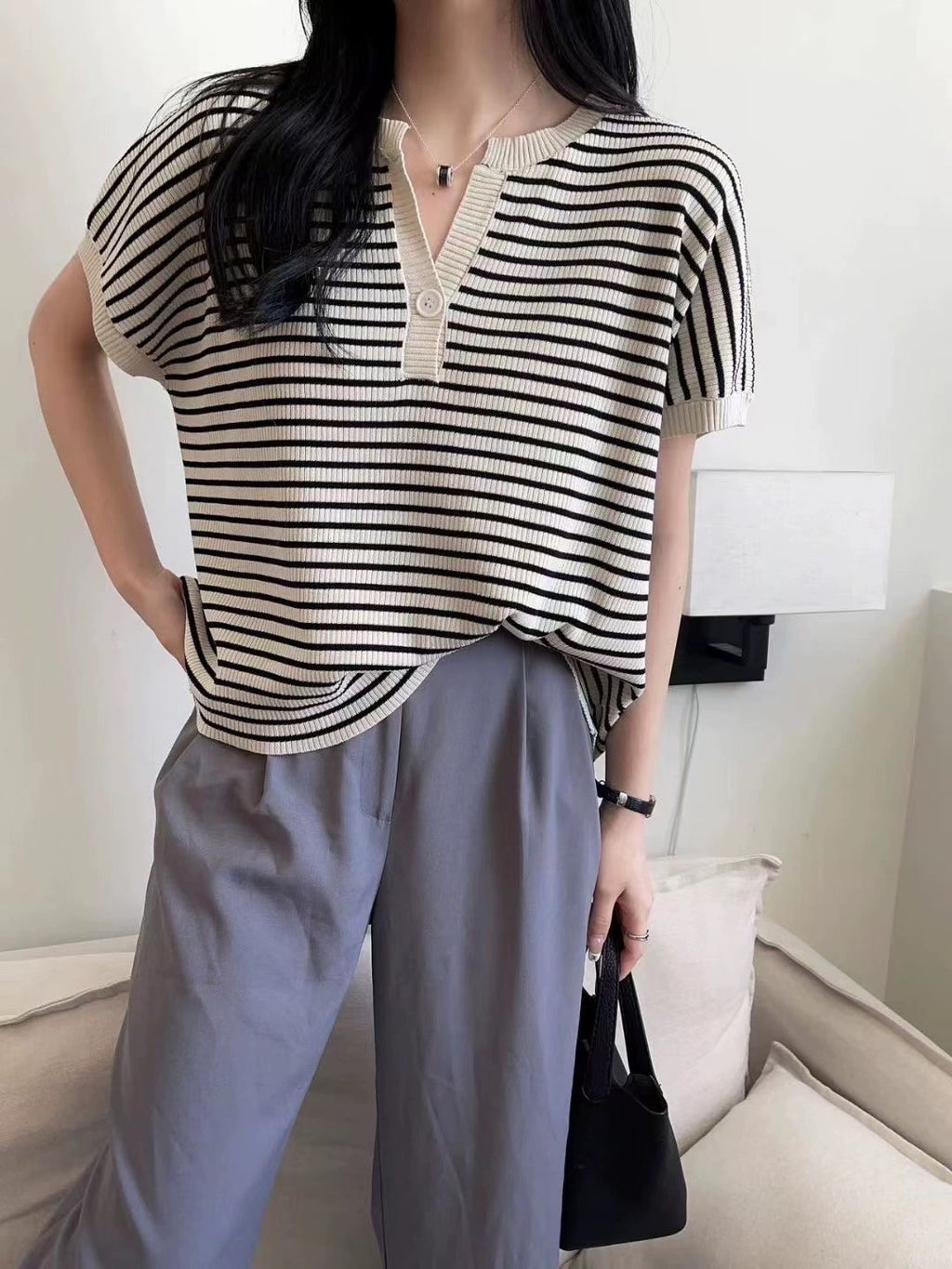 Single Button Stripe Oversize Knitted Top