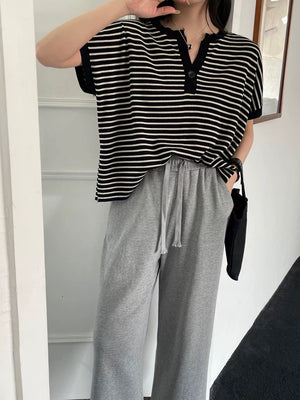 Single Button Stripe Oversize Knitted Top