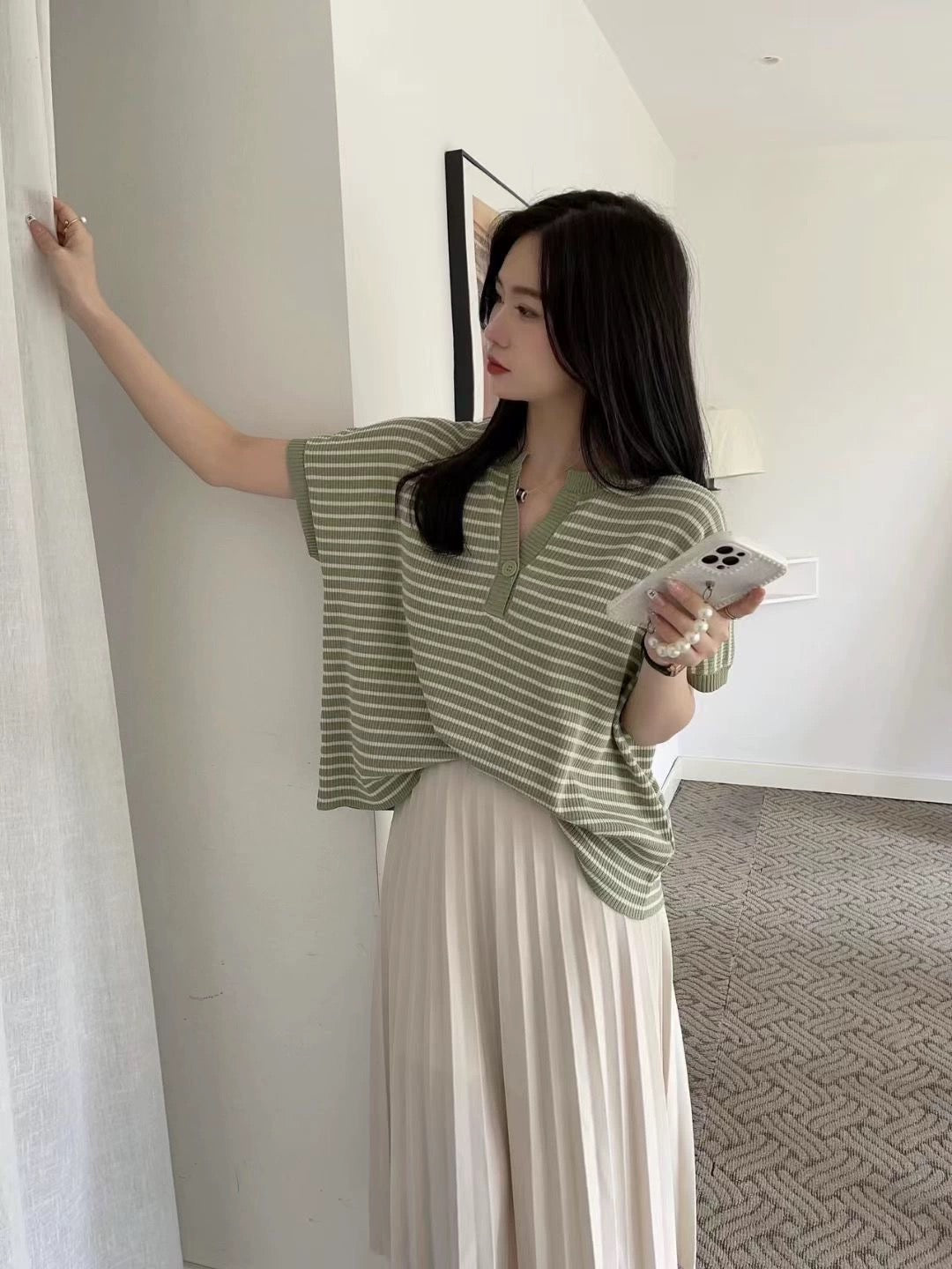 Single Button Stripe Oversize Knitted Top