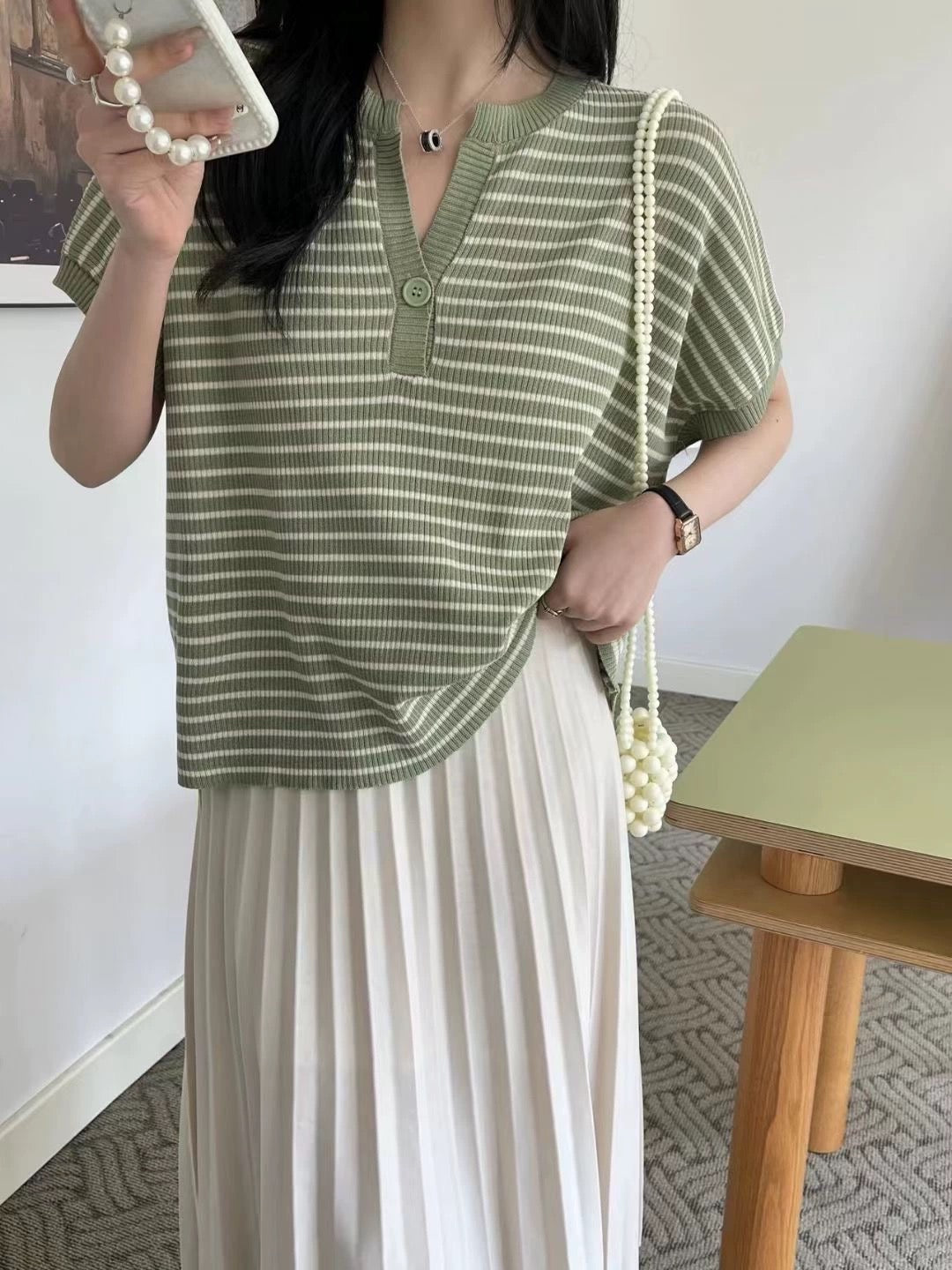 Single Button Stripe Oversize Knitted Top