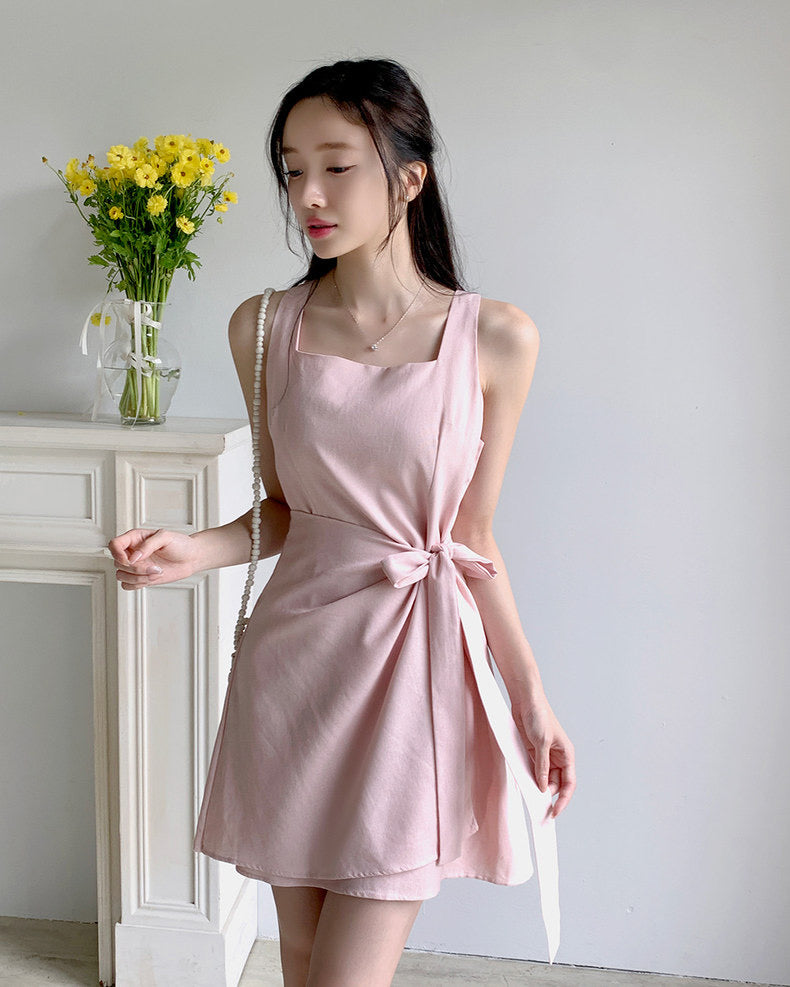 Cover-up Front Self Tie Bowknot Square Neck Dress