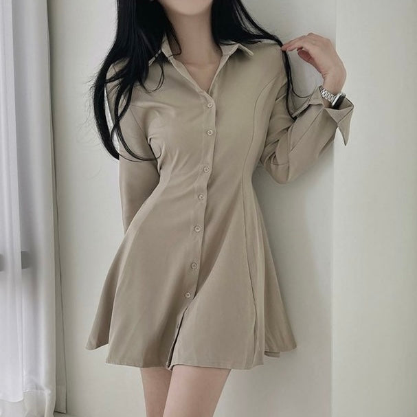 Self Tie Button Down Collar Neck Long Sleeve Polo Shirt Dress