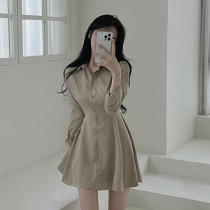 Self Tie Button Down Collar Neck Long Sleeve Polo Shirt Dress