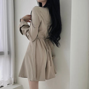 Self Tie Button Down Collar Neck Long Sleeve Polo Shirt Dress