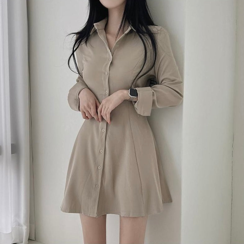 Self Tie Button Down Collar Neck Long Sleeve Polo Shirt Dress