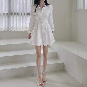 Self Tie Button Down Collar Neck Long Sleeve Polo Shirt Dress