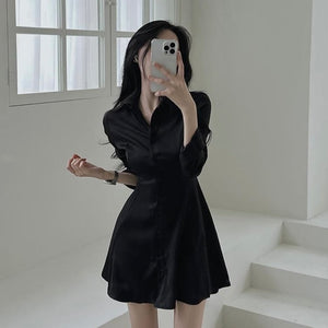 Self Tie Button Down Collar Neck Long Sleeve Polo Shirt Dress