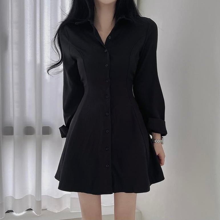 Self Tie Button Down Collar Neck Long Sleeve Polo Shirt Dress