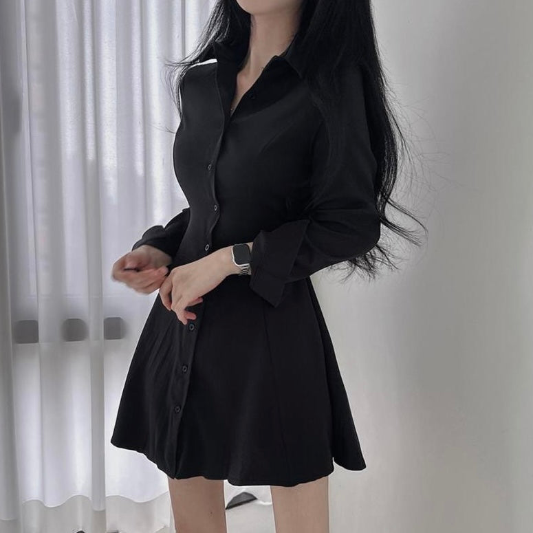 Self Tie Button Down Collar Neck Long Sleeve Polo Shirt Dress