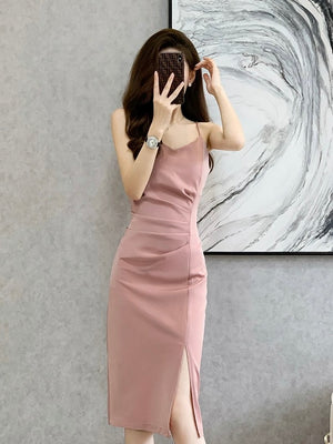 Ruched Side Slit Hem V-neck Solid Cami Dress