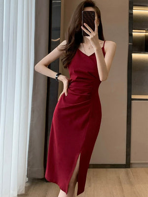 Ruched Side Slit Hem V-neck Solid Cami Dress