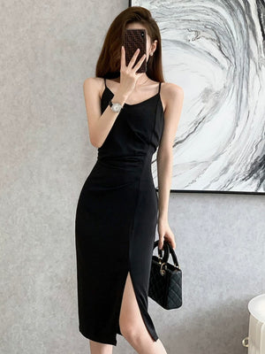 Ruched Side Slit Hem V-neck Solid Cami Dress