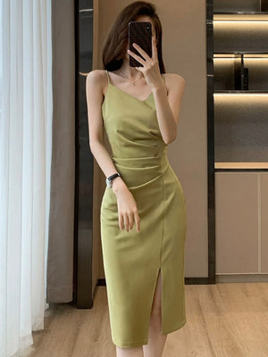 Ruched Side Slit Hem V-neck Solid Cami Dress