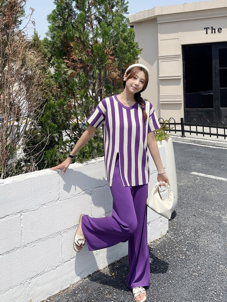 Stripe Side Slit Top & Garter Wide Leg Pants Oversize Knitted Terno Set