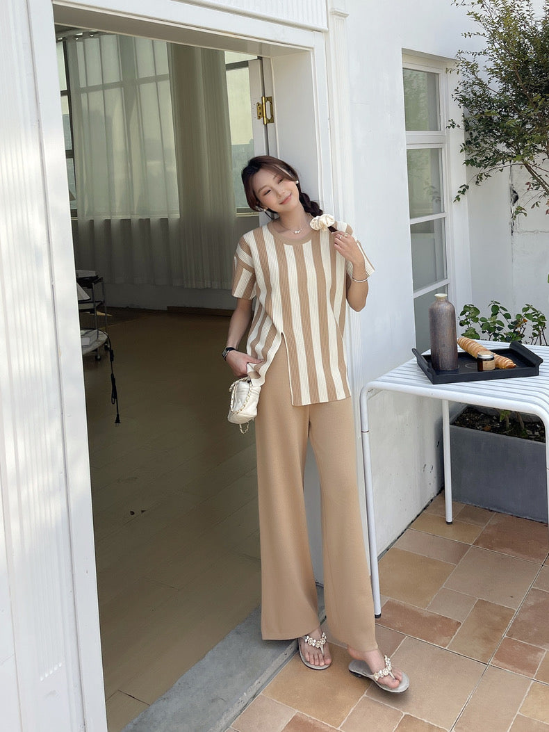 Stripe Side Slit Top & Garter Wide Leg Pants Oversize Knitted Terno Set