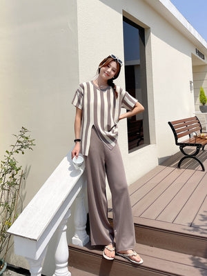 Stripe Side Slit Top & Garter Wide Leg Pants Oversize Knitted Terno Set