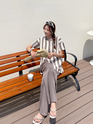 Stripe Side Slit Top & Garter Wide Leg Pants Oversize Knitted Terno Set