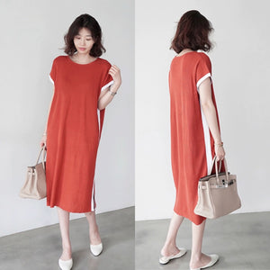 Side Slit Two Tone Round Neck Oversize Knitted Dress