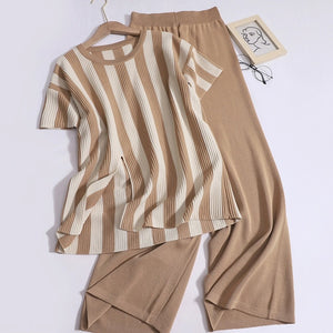 Stripe Side Slit Top & Garter Wide Leg Pants Oversize Knitted Terno Set