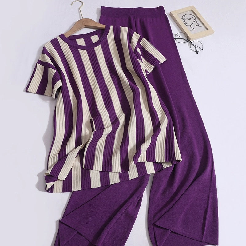 Stripe Side Slit Top & Garter Wide Leg Pants Oversize Knitted Terno Set