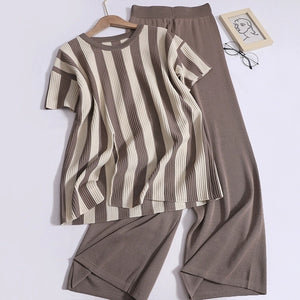 Stripe Side Slit Top & Garter Wide Leg Pants Oversize Knitted Terno Set