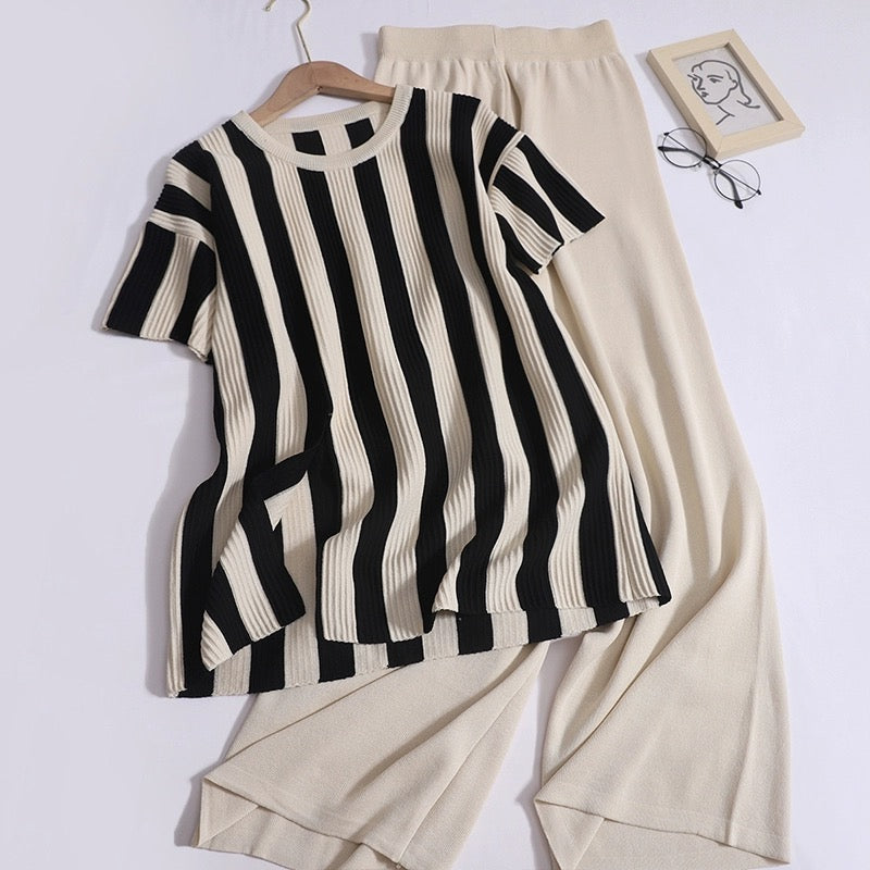 Stripe Side Slit Top & Garter Wide Leg Pants Oversize Knitted Terno Set