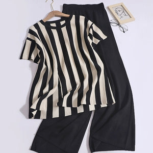 Stripe Side Slit Top & Garter Wide Leg Pants Oversize Knitted Terno Set