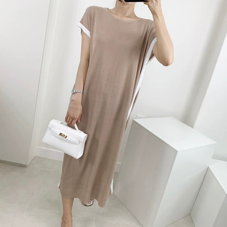 Side Slit Two Tone Round Neck Oversize Knitted Dress