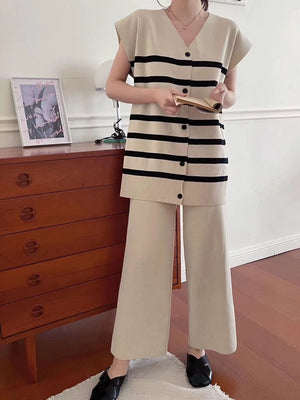 Button Down V-neck Stripe Top & Wide Leg Loose Pants Oversize Knitted Terno Set