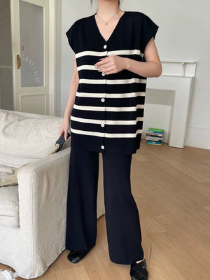 Button Down V-neck Stripe Top & Wide Leg Loose Pants Oversize Knitted Terno Set