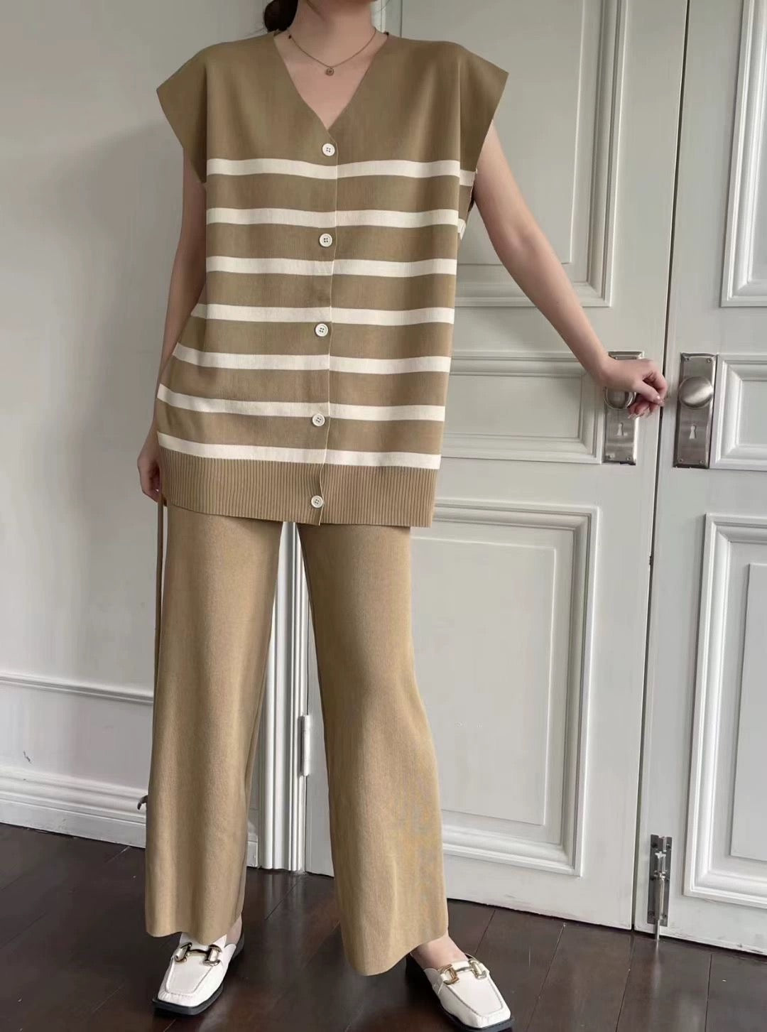 Button Down V-neck Stripe Top & Wide Leg Loose Pants Oversize Knitted Terno Set