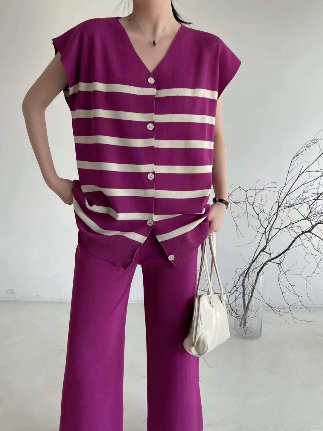 Button Down V-neck Stripe Top & Wide Leg Loose Pants Oversize Knitted Terno Set