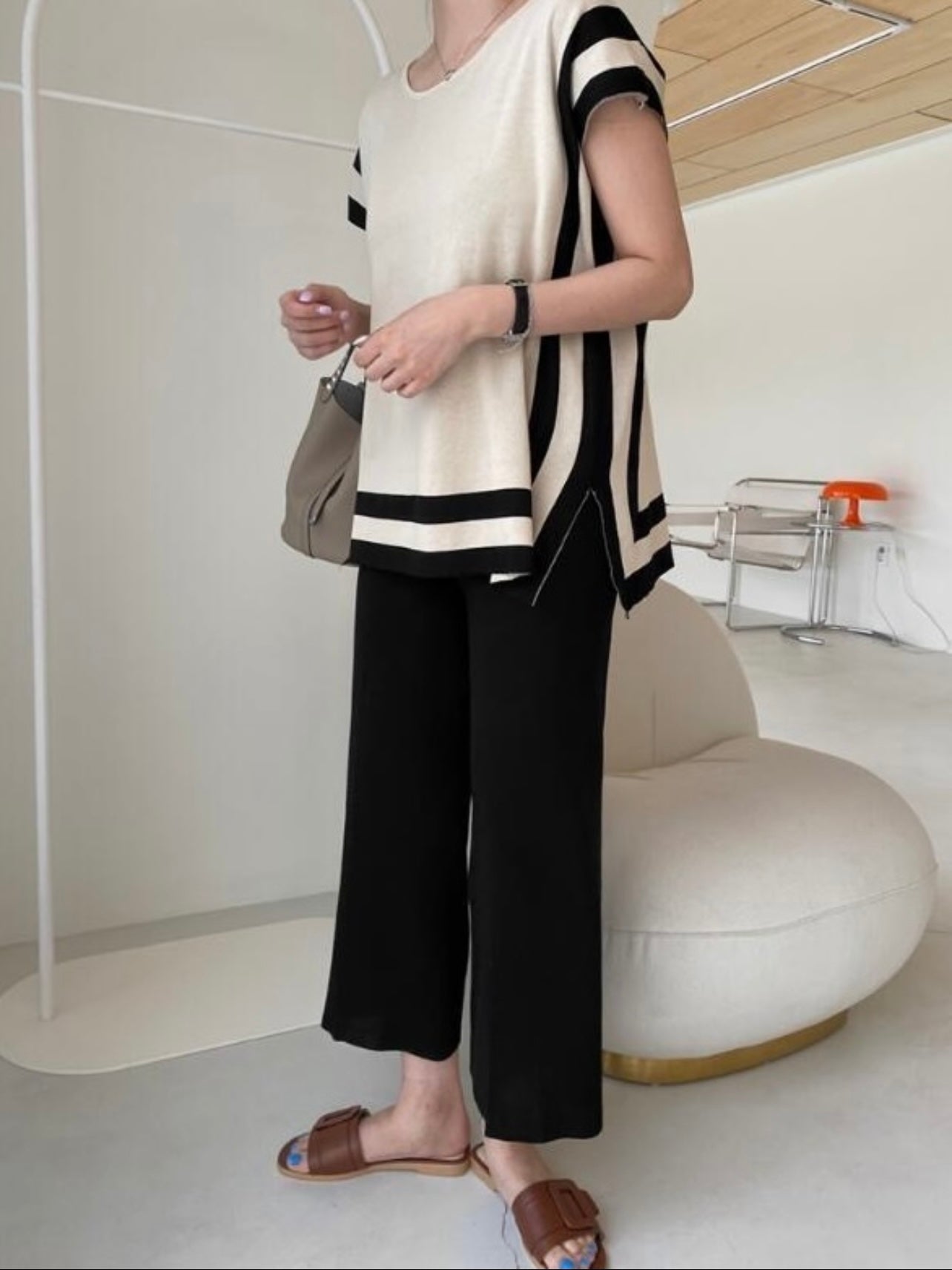 Side Slit Loose Top & Wide Leg Garter Pants Oversize Knitted Terno Set Coords